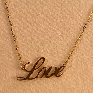 Solid 10K Yellow Gold YG Script “Love” Pendant Necklace 18"